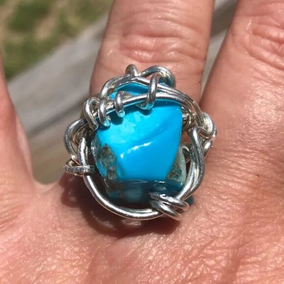 Genuine Morenci Turquoise Gemstone Ring Size 9 Sterling Silver 925 Handmade - Picture 1 of 7